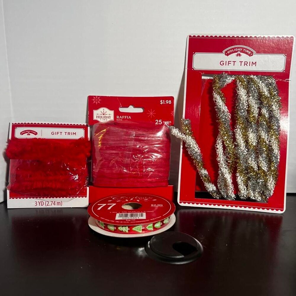 Holiday Time Christmas Gift Trim Lot 4 Pcs Red Raffia Metallic Cord Tree Ribbon